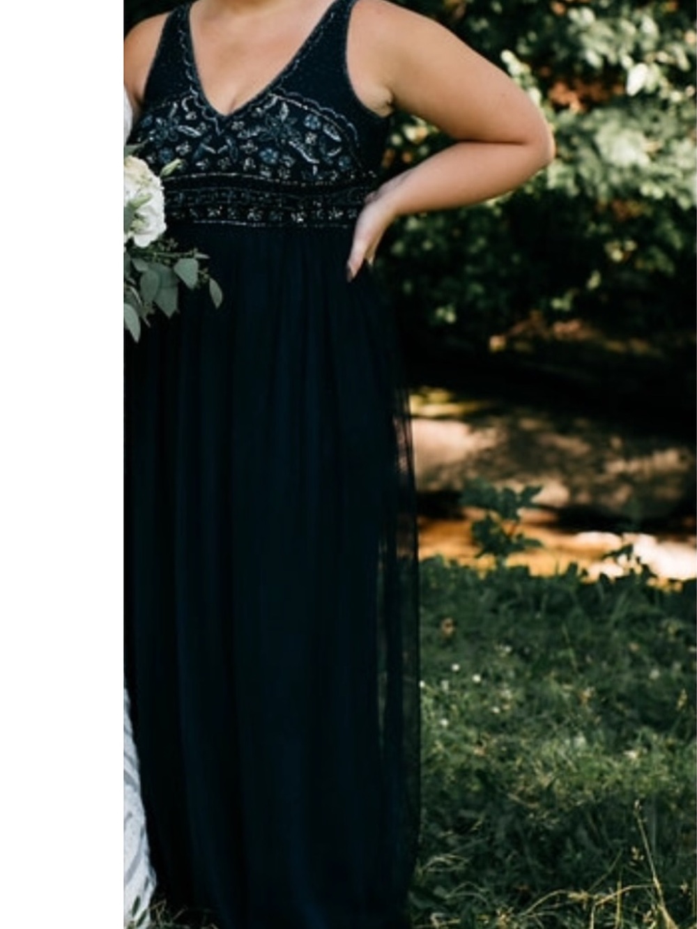 Adrianna Papell Navy Beaded V-Neck Evening Gown